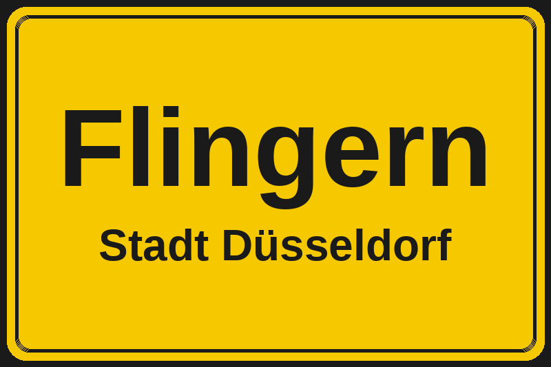 Ortsschild Flingern in Düsseldorf – Hotels, Pensionen und Ferienwohnungen im Stadtteil