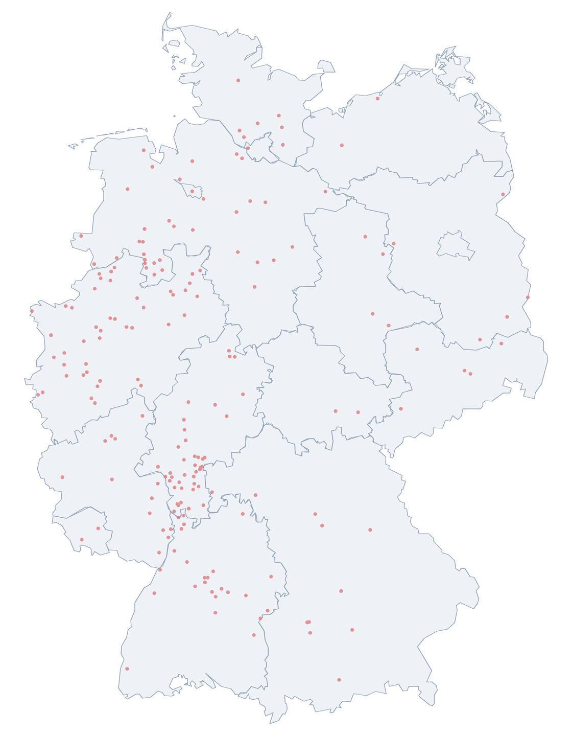 Karte: Verteilung der 201 Anne-Frank-Straße in Deutschland nach Bundesl&auml;ndern