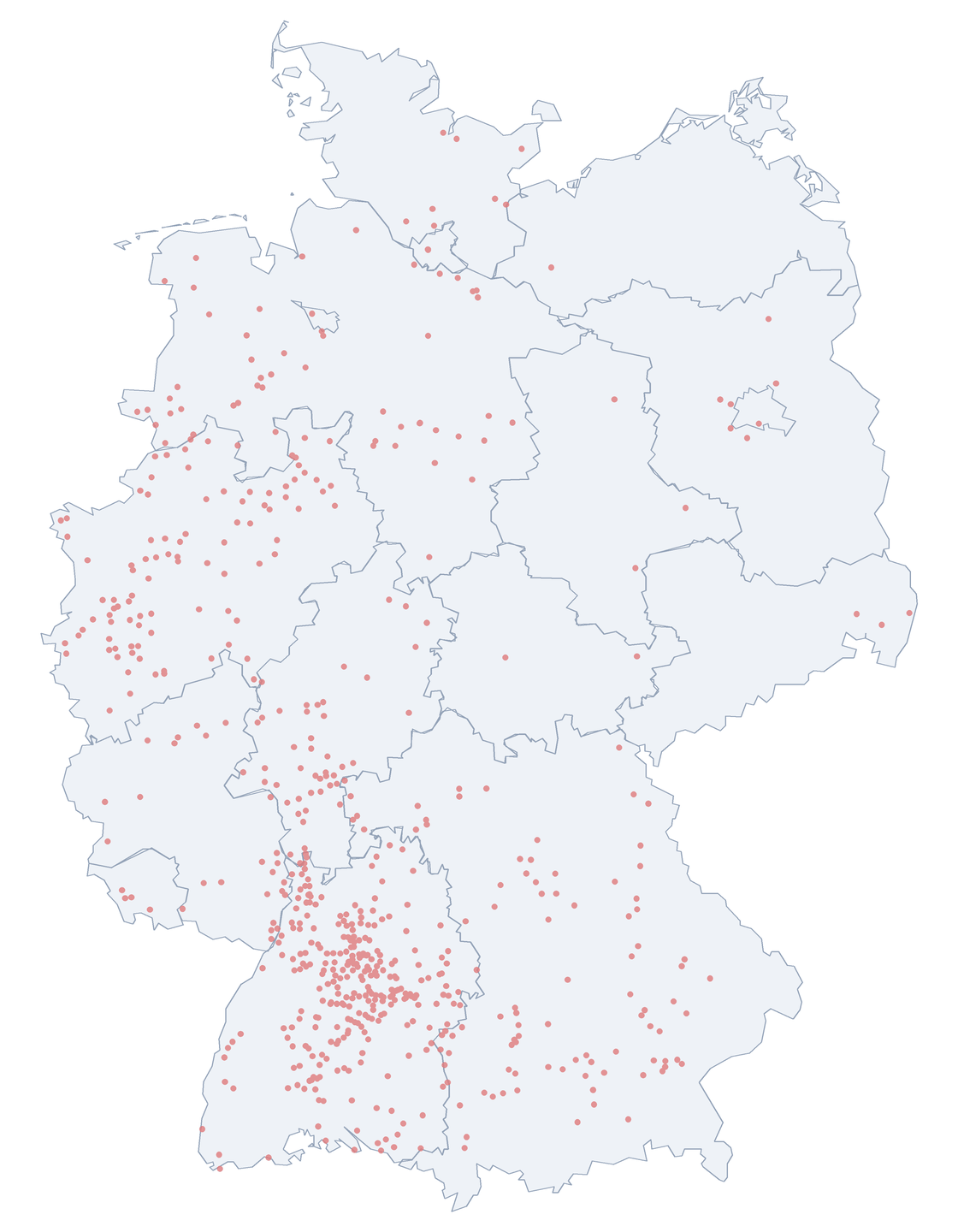 Daimlerstraße: Verteilung in Deutschland Karte: Verteilung der 617 Daimlerstraße in Deutschland nach Bundesländern