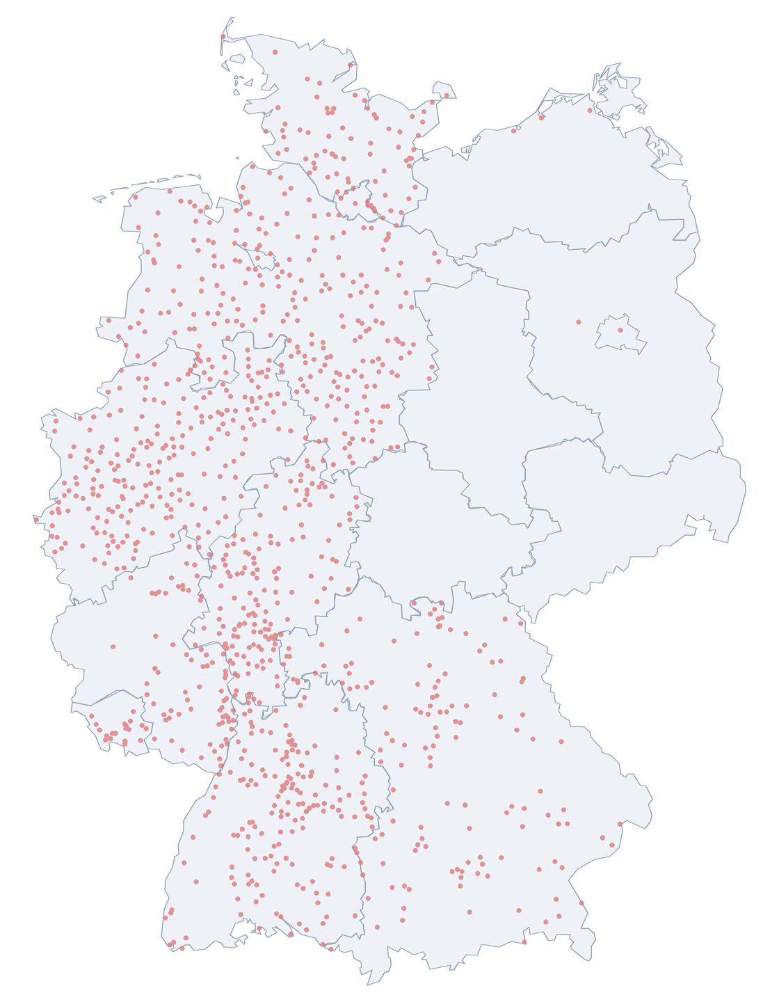 Karte: Verteilung der 1.071 Danziger Straße in Deutschland nach Bundesl&auml;ndern