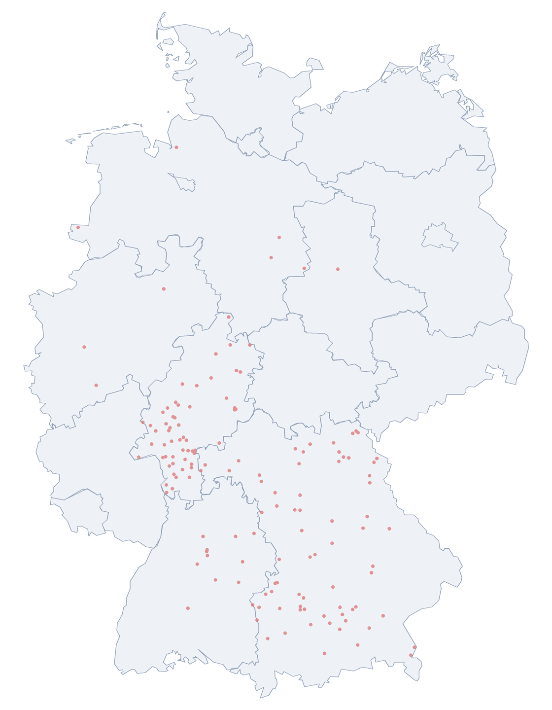 Karte: Verteilung der 148 Egerländer Straße in Deutschland nach Bundesl&auml;ndern