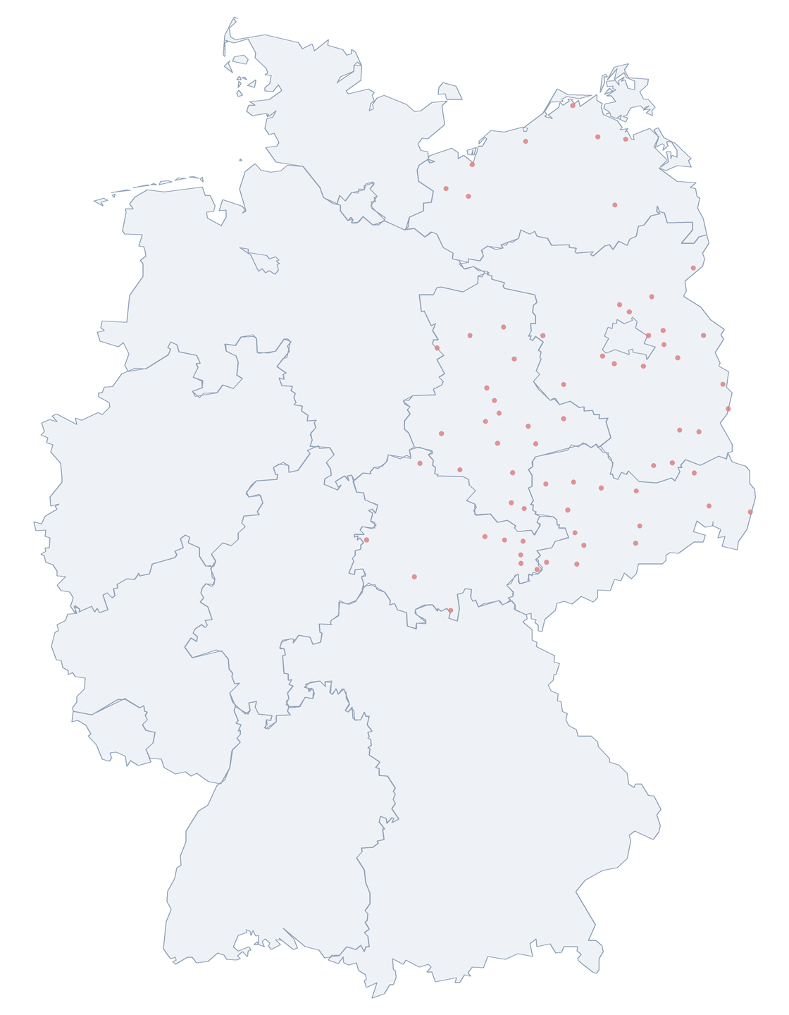 Karte: Verteilung der 70 Erich-Weinert-Straße in Deutschland nach Bundesl&auml;ndern