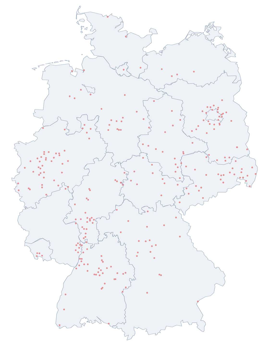 Karte: Verteilung der 264 Fichtestraße in Deutschland nach Bundesl&auml;ndern