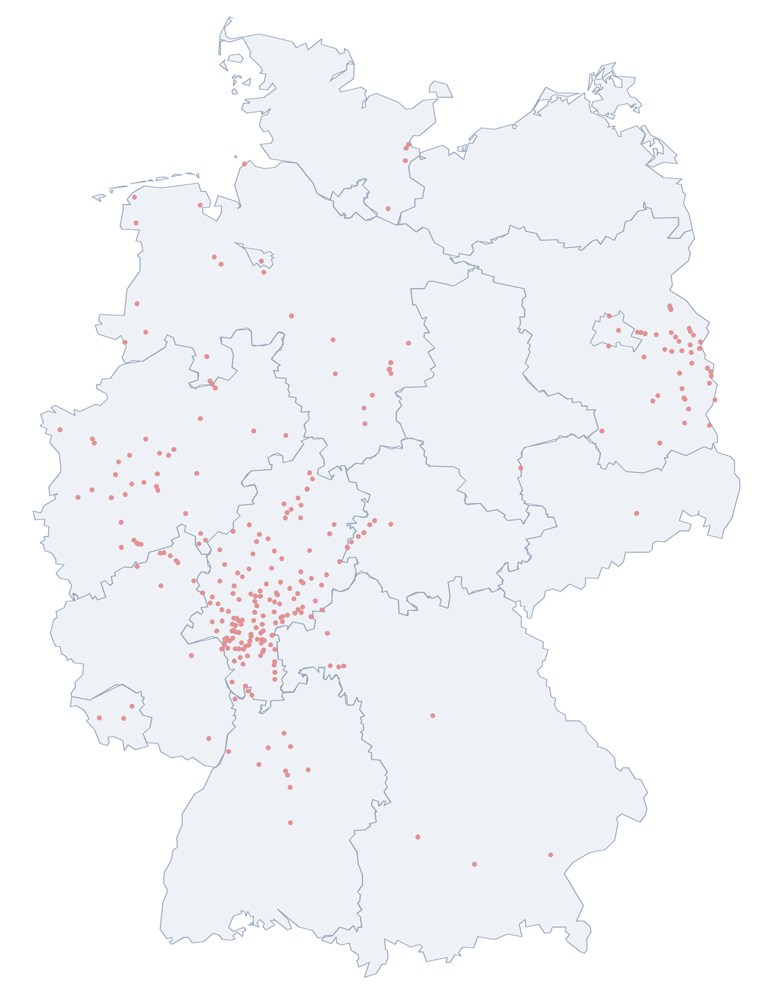 Frankfurter Straße: Verteilung in Deutschland Karte: Verteilung der 283 Frankfurter Straße in Deutschland nach Bundesländern