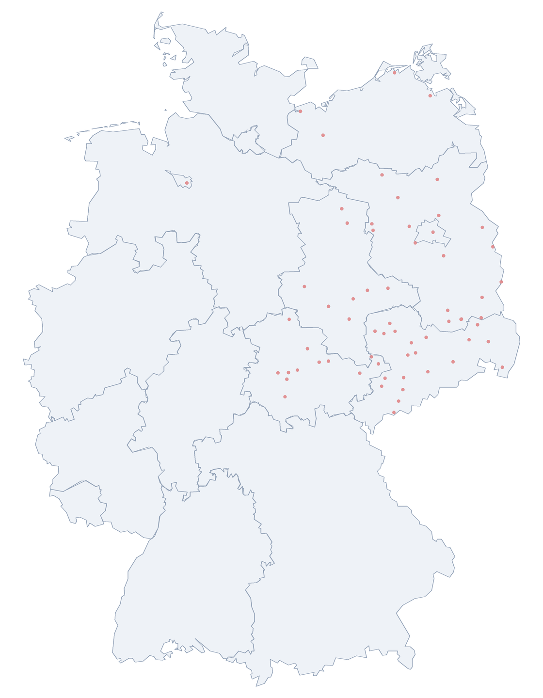 Karte: Verteilung der 64 Franz-Mehring-Straße in Deutschland nach Bundesl&auml;ndern