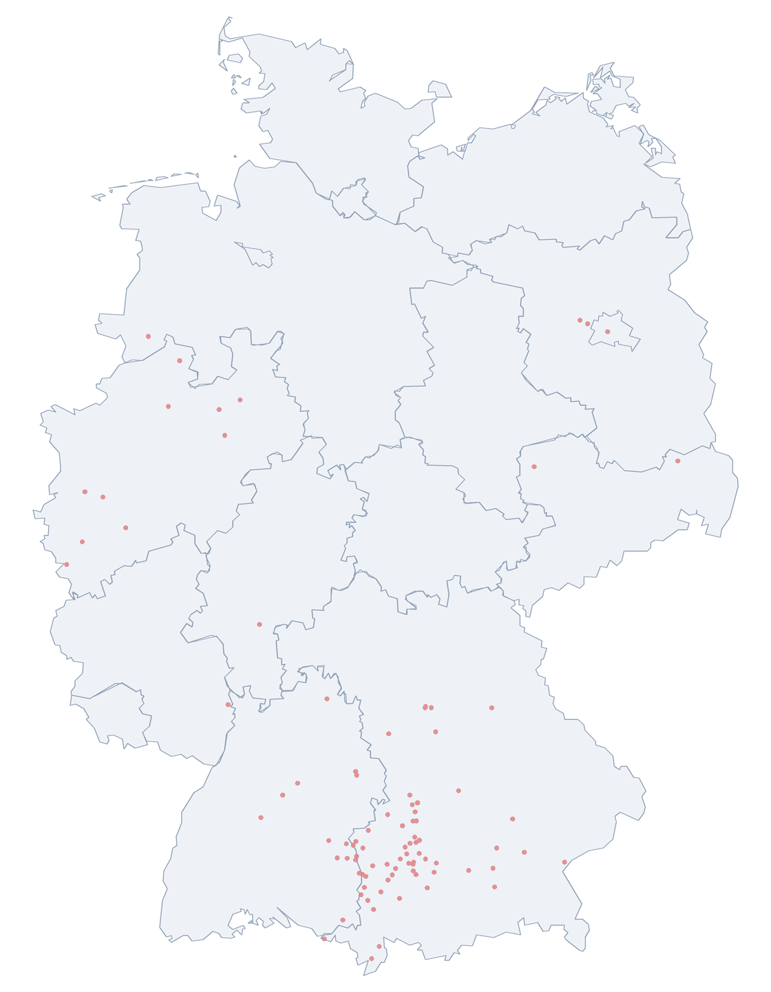 Fuggerstraße: Verteilung in Deutschland Karte: Verteilung der 94 Fuggerstraße in Deutschland nach Bundesländern