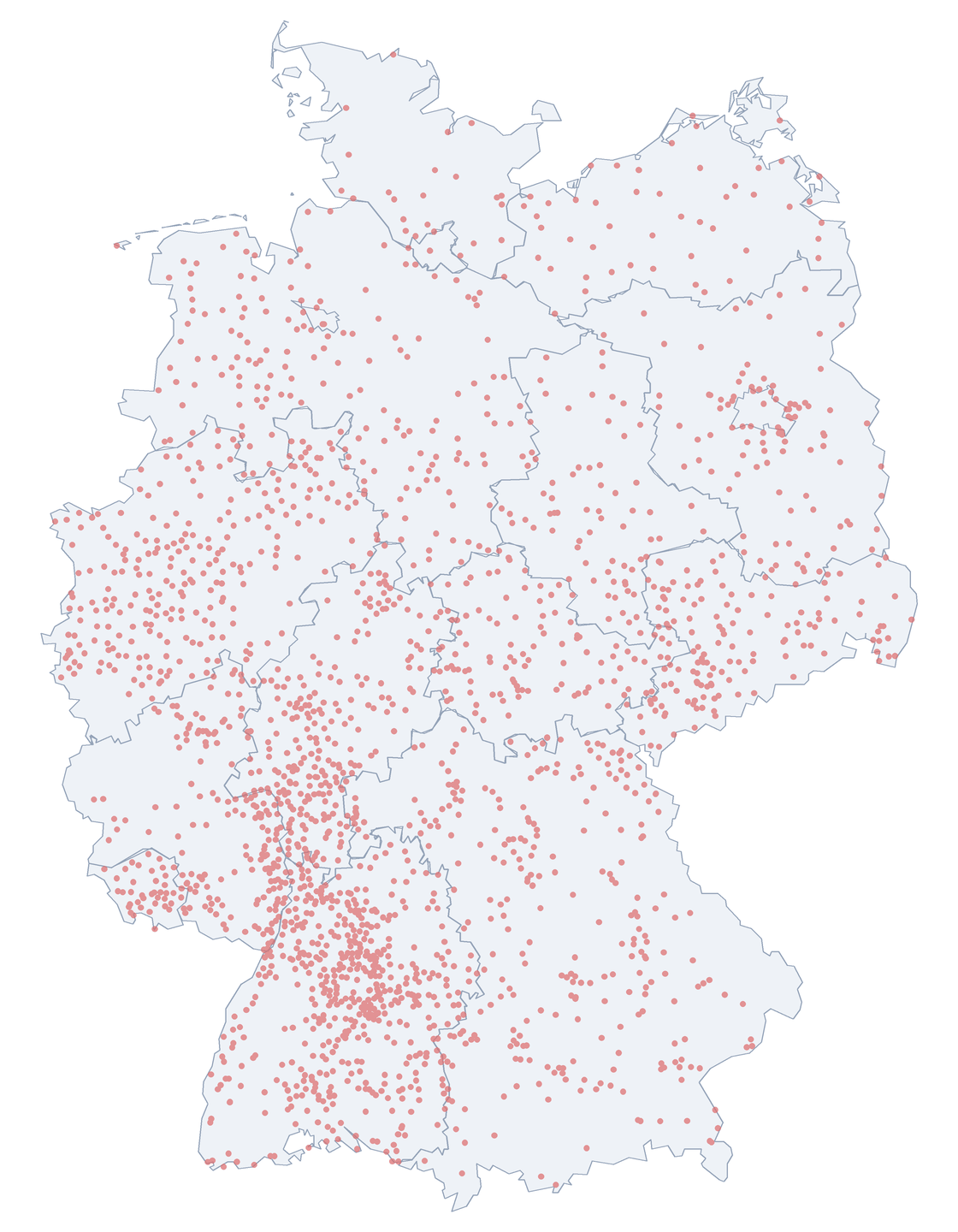 Karte: Verteilung der 2.120 Goethestraße in Deutschland nach Bundesl&auml;ndern
