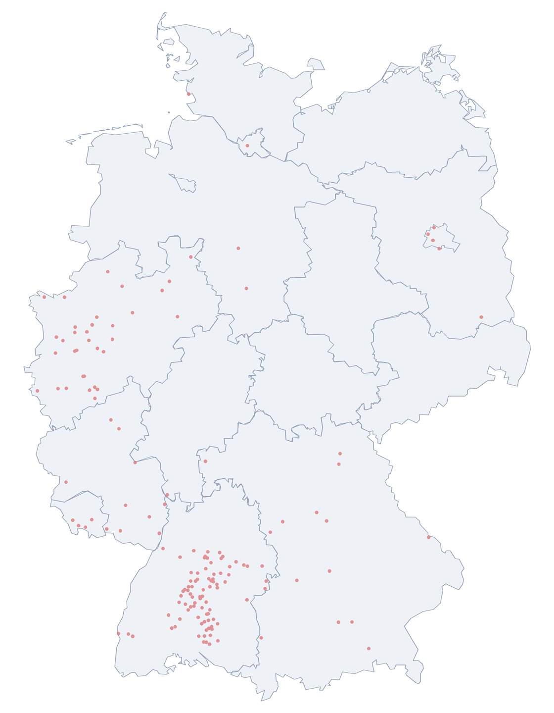 Karte: Verteilung der 159 Hohenzollernstraße in Deutschland nach Bundesl&auml;ndern