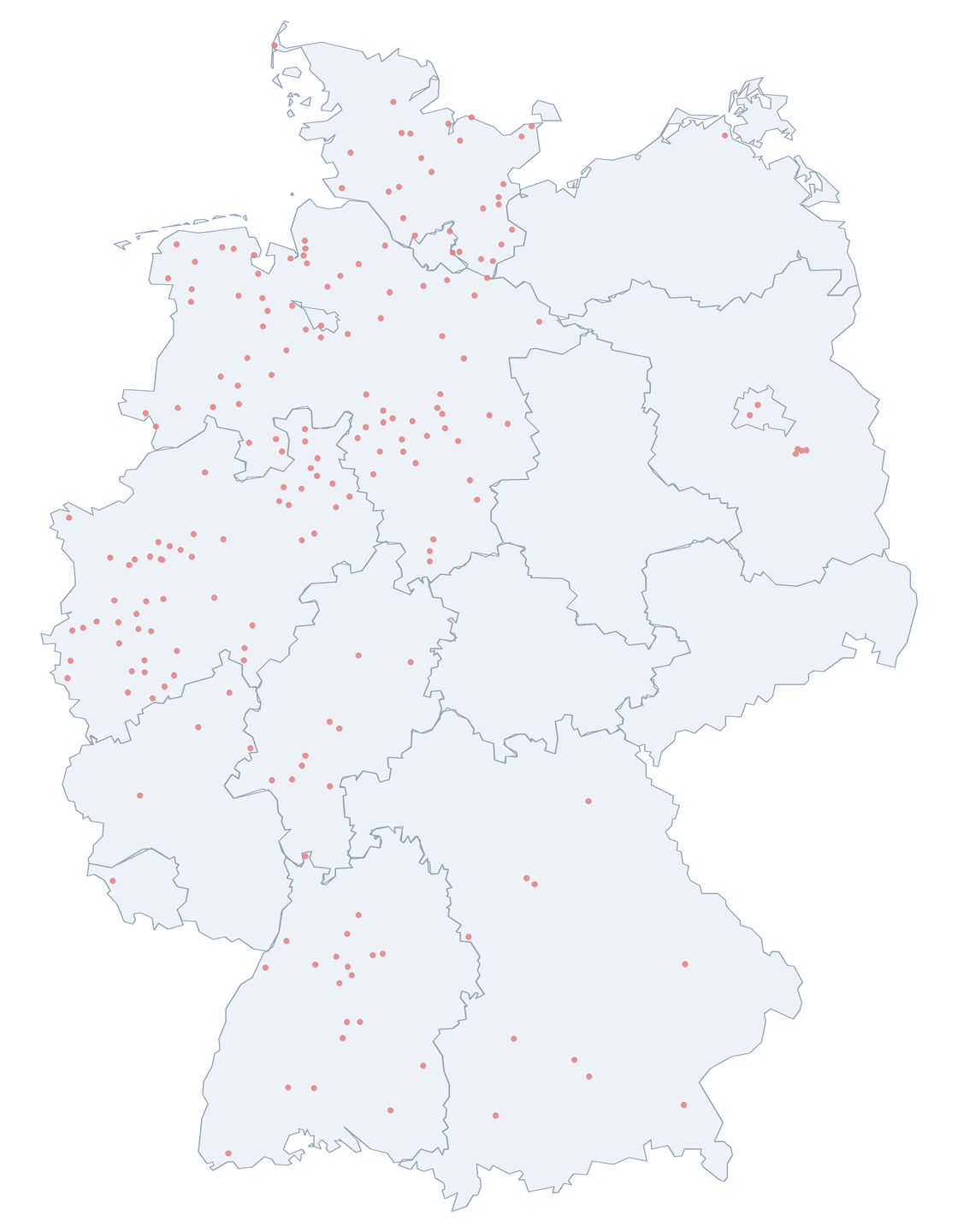 Karte: Verteilung der 209 Kolberger Straße in Deutschland nach Bundesl&auml;ndern