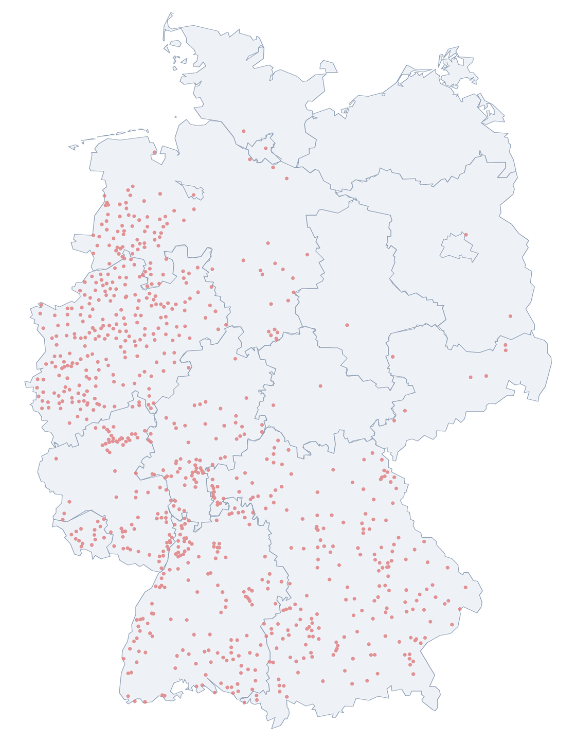 Kolpingstraße: Verteilung in Deutschland Karte: Verteilung der 827 Kolpingstraße in Deutschland nach Bundesländern