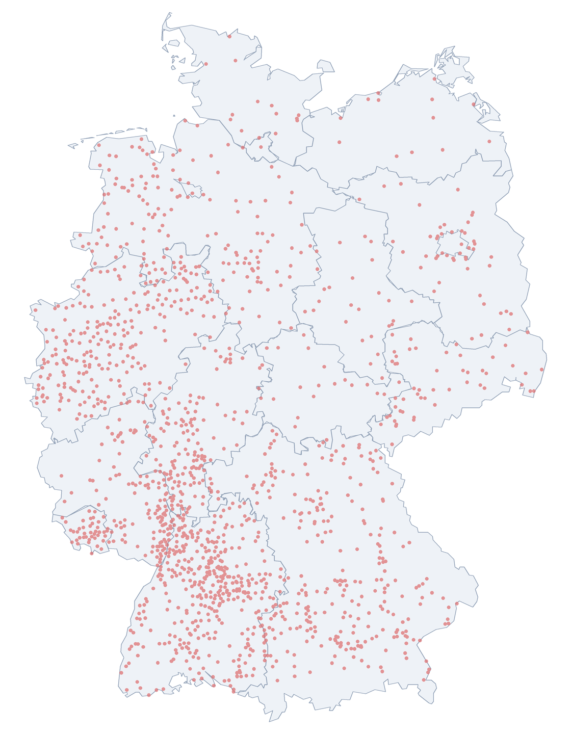 Mozartstraße: Verteilung in Deutschland Karte: Verteilung der 1.513 Mozartstraße in Deutschland nach Bundesländern