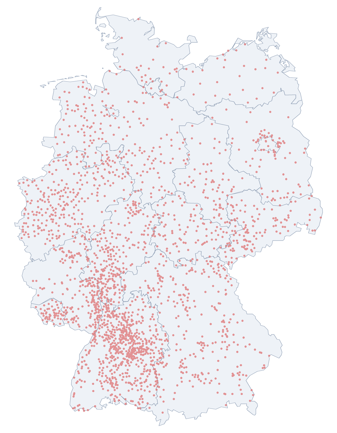 Karte: Verteilung der 2.190 Schillerstraße in Deutschland nach Bundesl&auml;ndern
