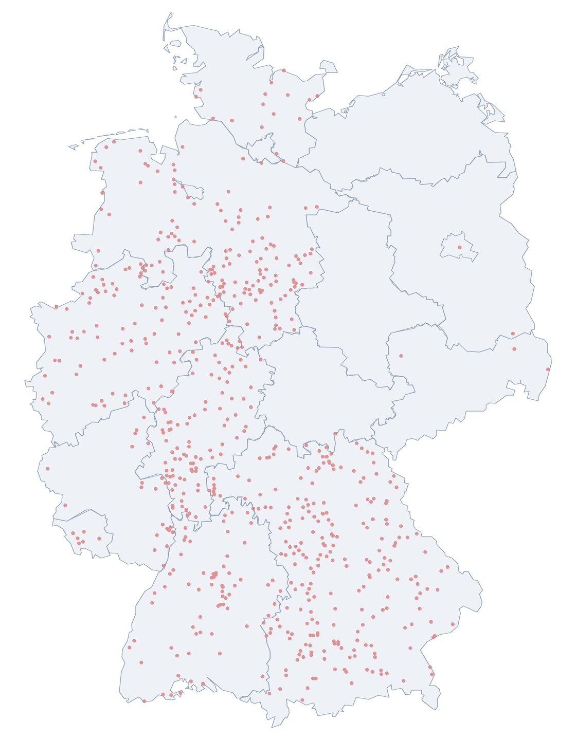 Karte: Verteilung der 663 Schlesierstraße in Deutschland nach Bundesl&auml;ndern