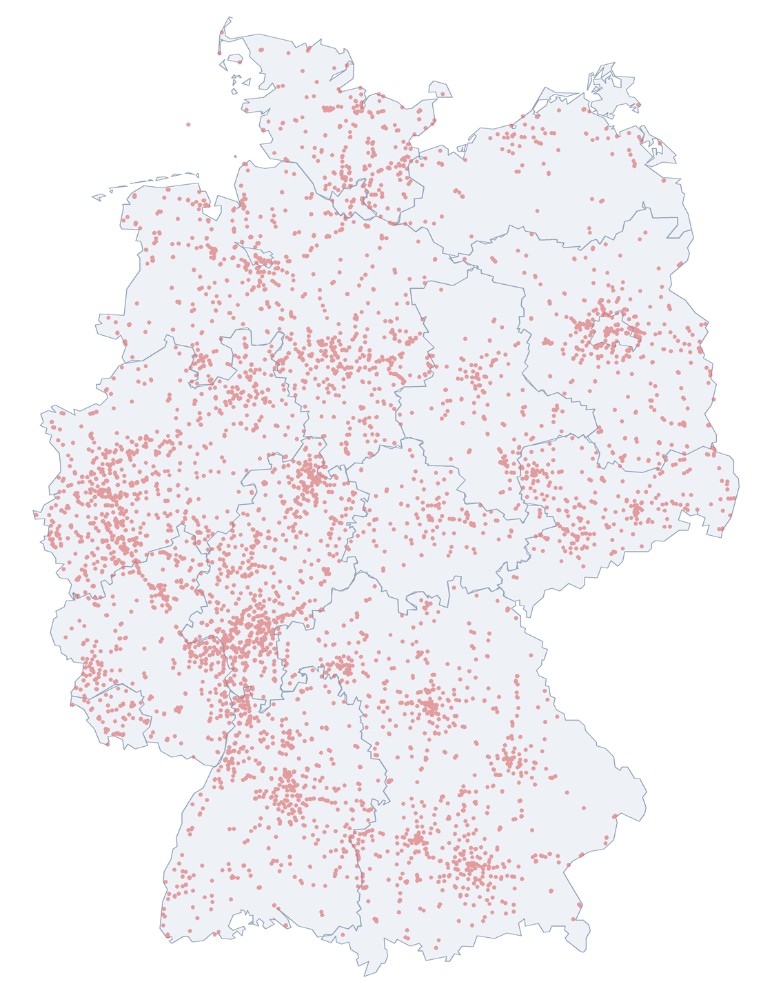 Karte: Verteilung aller 6.711 Stra&szlig;enz&uuml;ge zum Thema Nach Städten & Regionen benannt in Deutschland